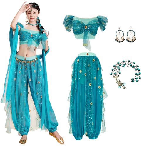 Hallojojo Damen Prinzessin Jasmin Kostüm mit Zubehör Arabische Prinzessin Verkleidung Prinzessin Aladdin Kostüm Bauchtanz Outfit Halloween Karneval Party Bühnenauftritt Kostüm für Erwachsene von Hallojojo