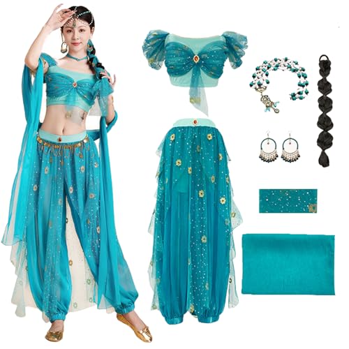 Hallojojo Damen Prinzessin Jasmin Kostüm mit Zubehör Arabische Prinzessin Verkleidung Prinzessin Aladdin Kostüm Bauchtanz Outfit Halloween Karneval Party Bühnenauftritt Kostüm für Erwachsene von Hallojojo