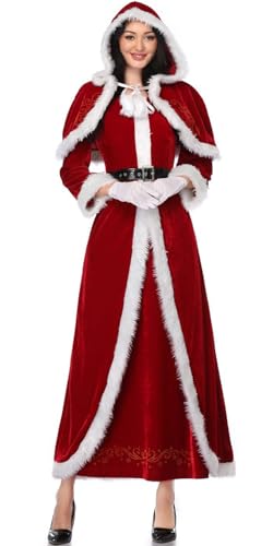 Hallojojo Damen Weihnachtsmann Kostüm 4-Teiliges Set Weihnachten Kleid Nikolauskostüm Verkleidung Weihnachten Königin Kleider Halloween Karneval Party Fancy Kostüm für Erwachsene von Hallojojo