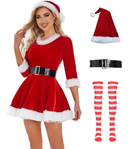 Hallojojo Damen Weihnachtsmann Kostüm Weihnachten Kleid Nikolauskostüm Verkleidung Weihnachtsmann Kleider Halloween Karneval Party Fancy Kostüm für Erwachsene von Hallojojo