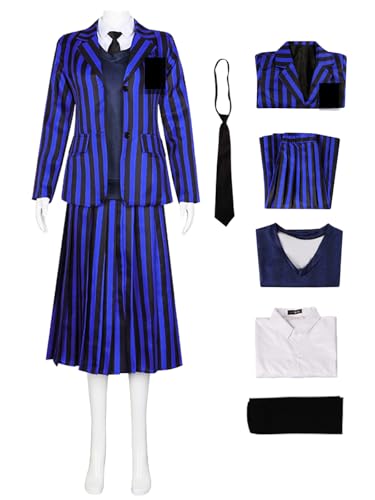 Hallojojo Damen Wenesday Addams Cosplay Kostüm Wenesday Verkleidung Mittwoch Kostüm Gothic Nevermore Academy Schuluniform Schwarz/Blau Weihnachten Halloween Karneval Party Fancy Kostüm von Hallojojo