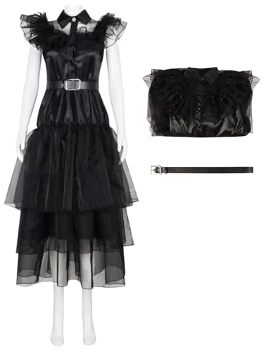 Hallojojo Damen Wenesday Addams Cosplay Kostüm Wenesday Verkleidung Mittwoch Kostüm Schwarz Ballkleid Gothic Kleid Weihnachten Halloween Karneval Party Fancy Kostüm für Erwachsene von Hallojojo