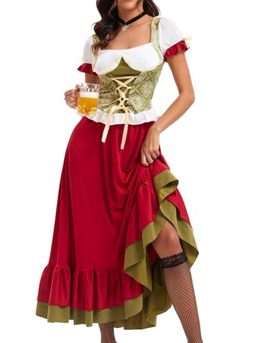 Hallojojo Dirndl Damen Lang Trachtenkleid 3 Teilig Trachtenrock Dirndlbluse Kopftuch Bayerisches Kostüm Oktoberfest Outfit Dirndlkleider Halloween Karneval Party Bühnenauftritt Kostüm S-2XL von Hallojojo