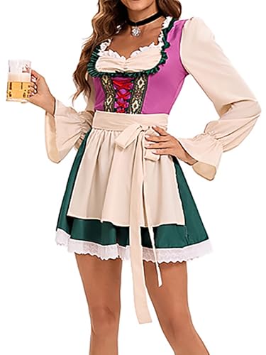 Hallojojo Dirndl Damen Midi Trachtenkleid 3 Teilig Trachtenrock Dirndlbluse Dirndlschürze Bayerisches Kostüm Oktoberfest Outfit Dirndlkleider Halloween Karneval Party Bühnenauftritt Kostüm M-2XL von Hallojojo