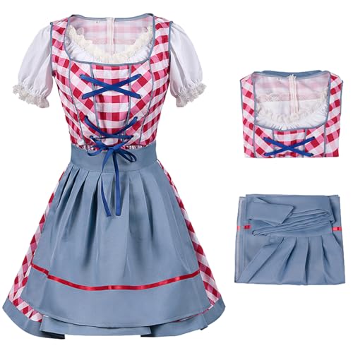 Hallojojo Dirndl Midi Damen Oktoberfest Outfit Trachtenkleid 2 Teilig Trachtenrock Dirndlschürze Bayerisches Kostüm Dirndlkleider Maid Dress Halloween Karneval Party Bühnenauftritt Kostüm von Hallojojo