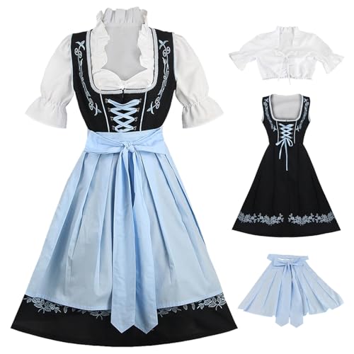 Hallojojo Dirndl Midi Damen Oktoberfest Outfit Trachtenkleid 3 Teilig Trachtenrock Dirndlbluse Dirndlschürze Bayerisches Kostüm Dirndlkleider Maid Dress Halloween Karneval Party Kostüm von Hallojojo