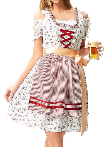 Hallojojo Dirndl Midi Damen Oktoberfest Outfit Trachtenkleid 3 Teilig Trachtenrock Dirndlbluse Dirndlschürze Bayerisches Kostüm Dirndlkleider Maid Dress Halloween Karneval Party Kostüm von Hallojojo