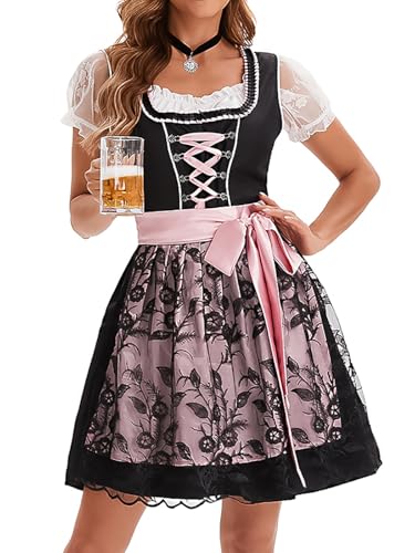 Hallojojo Dirndl Midi Damen Oktoberfest Outfit Trachtenkleid 3 Teilig Trachtenrock Dirndlbluse Dirndlschürze Bayerisches Kostüm Dirndlkleider Maid Dress Halloween Karneval Party Kostüm von Hallojojo