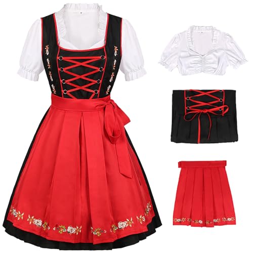 Hallojojo Dirndl Midi Damen Oktoberfest Outfit Trachtenkleid 3 Teilig Trachtenrock Dirndlbluse Dirndlschürze Bayerisches Kostüm Dirndlkleider Maid Dress Halloween Karneval Party Kostüm von Hallojojo