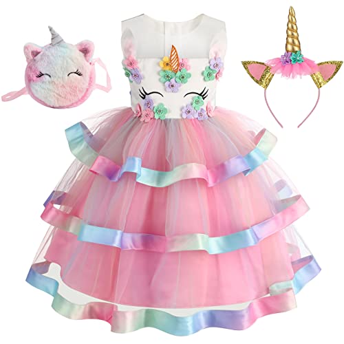 Hallojojo Einhorn Kleid mit Accessoires Kinder Einhorn Verkleidung Geburtstag Party Weihnachten Halloween Karneval Bühnen Aufführung Cosplay Mädchen Prinzessinen Kleid Rosa von Hallojojo