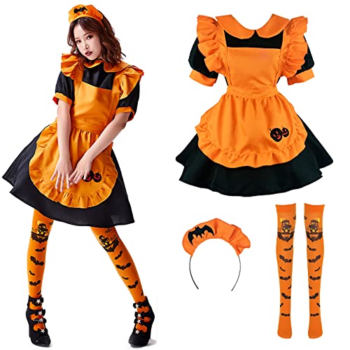 Hallojojo French Maid Dress Anime Maid Cosplay Kleid 4pcs Set Kürbis Hexe Outfit Set Niedliche Lolita Kleid Dienstmädchen Kostüm für Halloween Karneval Maid Kostüm von Hallojojo