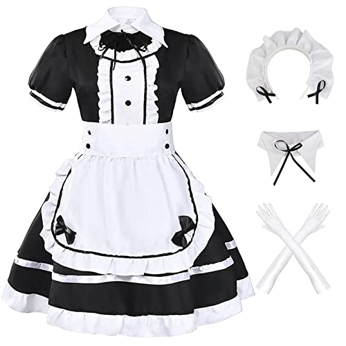 Hallojojo French Maid Dress Anime Maid Cosplay Kleid 5pcs Set Niedliche Lolita Kleid Dienstmädchen Kostüm für Café Restaurant Halloween Karneval Maid Kostüm Outfit Set von Hallojojo