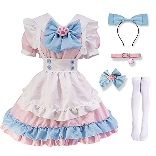 Hallojojo French Maid Dress Anime Maid Cosplay Kleid 6pcs Set Niedliche Lolita Kleid Dienstmädchen Kostüm für Café Restaurant Halloween Karneval Maid Kostüm Outfit Set von Hallojojo