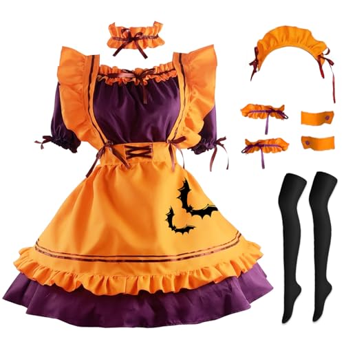 Hallojojo French Maid Dress Anime Maid Cosplay Kleid 7pcs Set Kürbis Hexe Outfit Set Niedliche Lolita Kleid Dienstmädchen Kostüm für Café Restaurant Halloween Karneval Maid Kostüm von Hallojojo