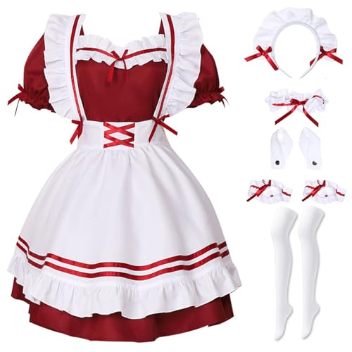 Hallojojo French Maid Dress Anime Maid Cosplay Kleid 7pcs Set Niedliche Lolita Kleid Dienstmädchen Kostüm für Café Restaurant Halloween Karneval Maid Kostüm Outfit Set (Schwarz/Rosa/Rot/Blau) von Hallojojo