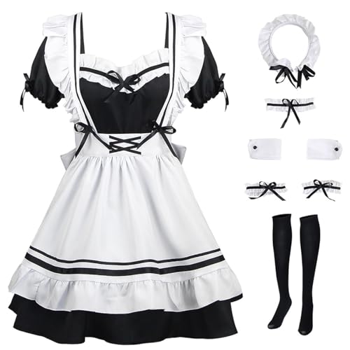 Hallojojo French Maid Dress Anime Maid Cosplay Kleid 7pcs Set Niedliche Lolita Kleid Dienstmädchen Kostüm für Café Restaurant Halloween Karneval Maid Kostüm Outfit Set (Schwarz/Rosa/Rot/Blau) von Hallojojo