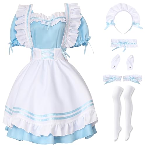 Hallojojo French Maid Dress Anime Maid Cosplay Kleid 7pcs Set Niedliche Lolita Kleid Dienstmädchen Kostüm für Café Restaurant Halloween Karneval Maid Kostüm Outfit Set (Schwarz/Rosa/Rot/Blau) von Hallojojo