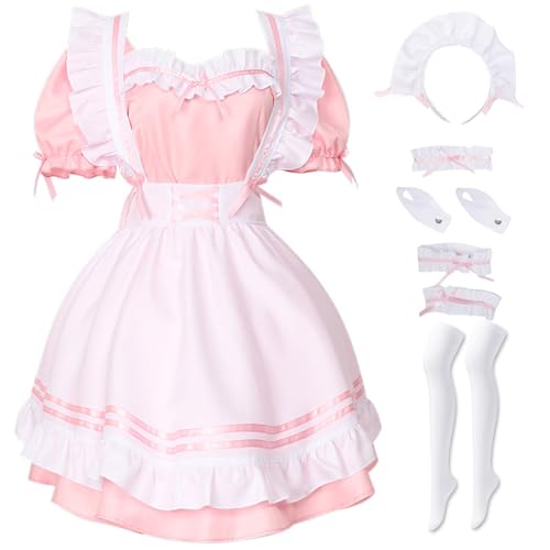 Hallojojo French Maid Dress Anime Maid Cosplay Kleid 7pcs Set Niedliche Lolita Kleid Dienstmädchen Kostüm für Café Restaurant Halloween Karneval Maid Kostüm Outfit Set (Schwarz/Rosa/Rot/Blau) von Hallojojo