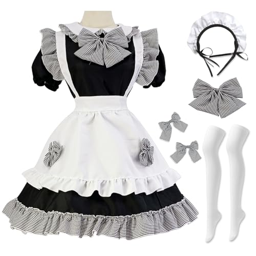 Hallojojo French Maid Dress Damen Anime Outfit Maid Kleid Niedliche Lolita Kleid Dienstmädchen Kostüm für Café Restaurant Halloween Karneval Cosplay Maid Kostüm Komplettes Set Größe S-5XL von Hallojojo