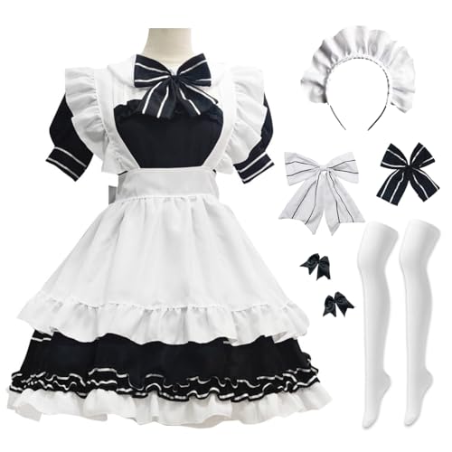 Hallojojo French Maid Dress Damen Anime Outfit Maid Kleid Niedliche Lolita Kleid Dienstmädchen Kostüm für Café Restaurant Halloween Karneval Cosplay Maid Kostüm Komplettes Set Größe S-5XL von Hallojojo