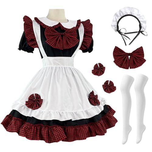 Hallojojo French Maid Dress Damen Anime Outfit Maid Kleid Niedliche Lolita Kleid Dienstmädchen Kostüm für Café Restaurant Halloween Karneval Cosplay Maid Kostüm Komplettes Set Größe S-5XL von Hallojojo