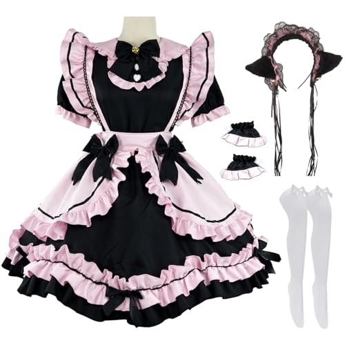 Hallojojo French Maid Dress Katze Maid Kostüm mit Zubehör Niedliche Lolita Kleid Dienstmädchen Kostüm Maid Verkleidung Anime Cosplay Kostüm Halloween Karneval Cosplay Maid Kleid S-5XL von Hallojojo