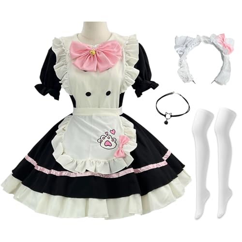 Hallojojo French Maid Dress Katze Maid Kostüm mit Zubehör Niedliche Lolita Kleid Dienstmädchen Kostüm Maid Verkleidung Anime Cosplay Kostüm Halloween Karneval Cosplay Maid Kostüm S-5XL von Hallojojo