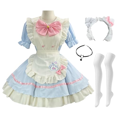 Hallojojo French Maid Dress Katze Maid Kostüm mit Zubehör Niedliche Lolita Kleid Dienstmädchen Kostüm Maid Verkleidung Anime Cosplay Kostüm Halloween Karneval Cosplay Maid Kostüm S-5XL von Hallojojo