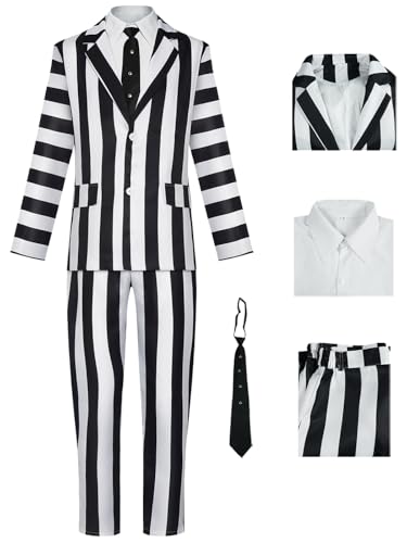 Hallojojo Herren Beetle J'uice Cosplay Kostüm Set B'eetleJuice Verkleidung Schwarz und Weiß Gestreifter Anzug Uniform Weihnachten Halloween Karneval Party Fancy Kostüm für Erwachsene von Hallojojo