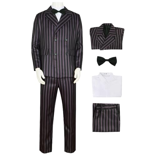 Hallojojo Herren Gomez Addams Cosplay Kostüm Wenesday Verkleidung Gomez Kostüm Gestreifter Anzug Uniform Gothic Weihnachten Halloween Karneval Party Fancy Kostüm für Erwachsene von Hallojojo