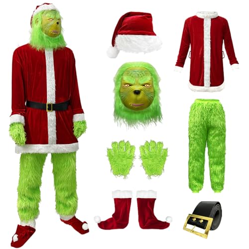 Hallojojo Herren Grinch Kostüm Weihnachten Grüne Monster Verkleidung mit Mask Zubehör Grinch Cosplay Uniform Weihnachten Halloween Karneval Party Fancy Kostüm für Erwachsene von Hallojojo