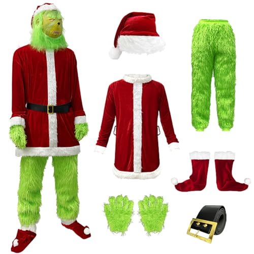 Hallojojo Herren Grinch Kostüm Weihnachten Grüne Monster Verkleidung mit Mask Zubehör Grinch Cosplay Uniform Weihnachten Halloween Karneval Party Fancy Kostüm für Erwachsene von Hallojojo