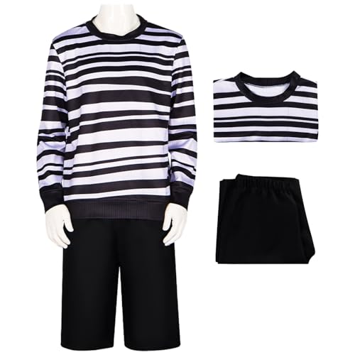 Hallojojo Herren Pugsley Addams Cosplay Kostüm Gestreifter Hemd und Shorts Wenesday Verkleidung Pugsley Kostüm Gothic Weihnachten Halloween Karneval Party Fancy Kostüm für Erwachsene von Hallojojo