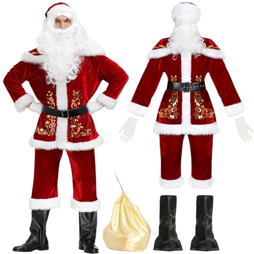 Hallojojo Herren Weihnachtsmann Kostüm 10-Teiliges Set Nikolauskostüm Verkleidung mit Perücke und Bart Weihnachtsmann Cosplay Uniform Halloween Karneval Party Fancy Kostüm für Erwachsene von Hallojojo