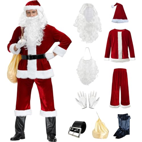 Hallojojo Herren Weihnachtsmann Kostüm 9-Teiliges Set Nikolauskostüm Verkleidung mit Perücke und Bart Weihnachtsmann Cosplay Uniform Halloween Karneval Party Fancy Kostüm für Erwachsene von Hallojojo