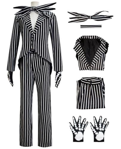 Hallojojo Jack Skellington Kostüm für Herren und Damen Halloween Outfit Skelett Jack Verkleidung Schwarz und Weiß Gestreifter Anzug Uniform Gothic Weihnachten Halloween Karneval Party Kostüm von Hallojojo