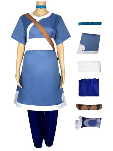 Hallojojo Katara Cosplay Kostüm Blau Damen Anime Avatar Katara Verkleidung Kung Fu Uniform Weihnachten Halloween Karneval Party Fancy Kostüm für Erwachsene von Hallojojo