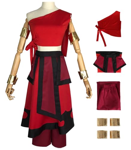 Hallojojo Katara Cosplay Kostüm Rot Damen Anime Avatar Katara Verkleidung Kung Fu Uniform Weihnachten Halloween Karneval Party Fancy Kostüm für Erwachsene von Hallojojo