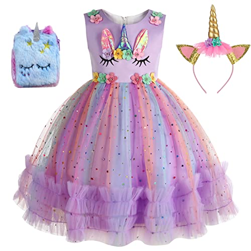 Hallojojo Kinder Einhorn Prinzessinen Verkleidung Mädchen Einhorn Kleid mit Accessoires Geburtstag Party Weihnachten Halloween Karneval Bühnen Aufführung Cosplay Prinzessinen Kleid Violett von Hallojojo