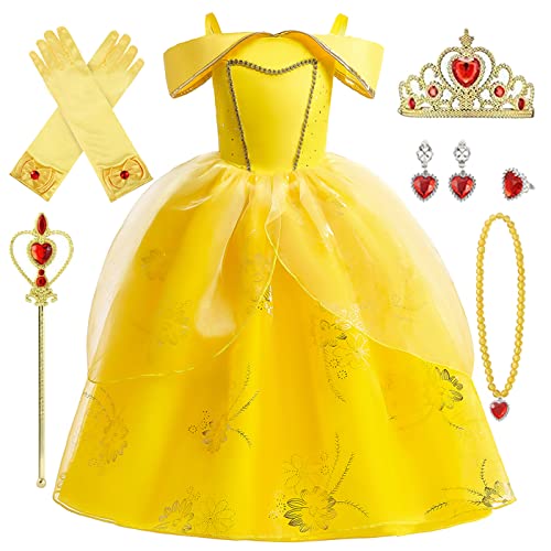 Hallojojo Kinder Prinzessin Belle Kostüm mit Accessoires Mädchen Die Schöne und das Biest Verkleidung Geburtstag Party Halloween Weihnachten Karneval Cosplay Prinzessin Kostüm von Hallojojo