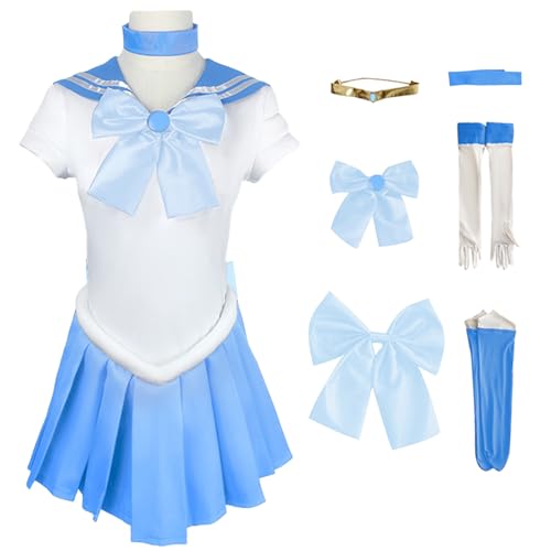 Hallojojo Mädchen Anime Sailor Moon Kostüm Kinder Mizuno Ami Cosplay Outfit Sailor Mercury Verkleidung Japanisch Matrosen Uniform Weihnachten Halloween Karneval Party Bühnenauftritt Kostüm von Hallojojo