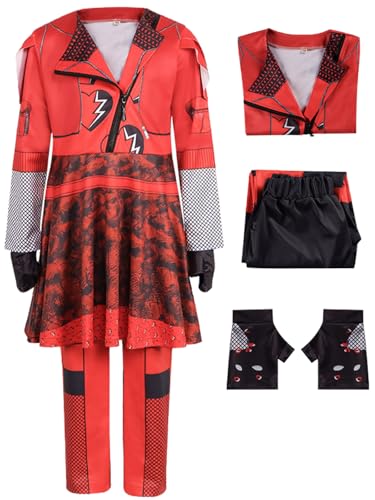 Hallojojo Mädchen Descendants Cosplay Kleid Hosen Handschuhe Descendants Red Verkleidung Rise of Red Kostüm Rote Königin Uniform Weihnachten Halloween Karneval Party Fancy Kostüm für Kinder von Hallojojo