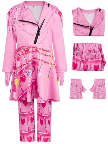 Hallojojo Mädchen Descendants Cosplay Kleid Hosen Handschuhe Descendants Verkleidung Rise of Red Kostüm Rote Königin Rosa Kleid Weihnachten Halloween Karneval Party Fancy Kostüm für Kinder von Hallojojo