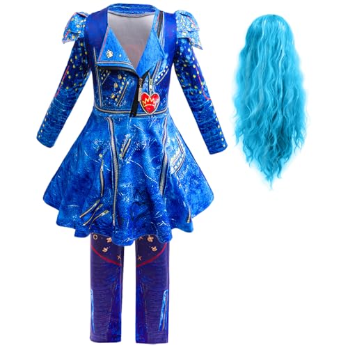 Hallojojo Mädchen Descendants Cosplay Kostüm Kleider Hosen mit Perücke Descendants Uma Verkleidung Rise of Red Kostüm Uma Uniform Weihnachten Halloween Karneval Party Fancy Kostüm für Kinder von Hallojojo