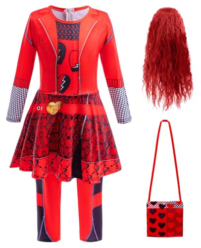 Hallojojo Mädchen Descendants Cosplay Kostüm mit Perücke Descendants Red Verkleidung Rise of Red Kostüm Rote Königin Uniform Weihnachten Halloween Karneval Party Fancy Kostüm für Kinder von Hallojojo