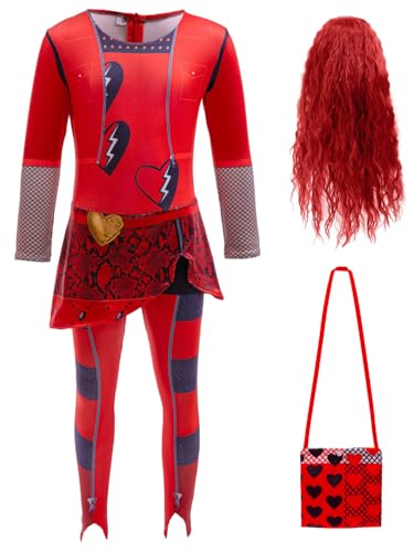 Hallojojo Mädchen Descendants Cosplay Kostüm mit Perücke Descendants Red Verkleidung Rise of Red Kostüm Rote Königin Uniform Weihnachten Halloween Karneval Party Fancy Kostüm für Kinder von Hallojojo