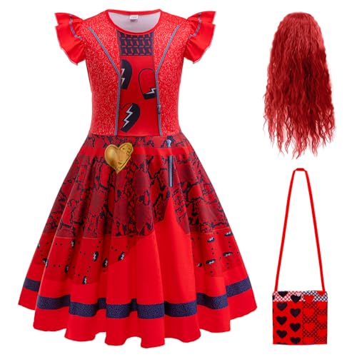 Hallojojo Mädchen Descendants Cosplay Kostüm mit Perücke Descendants Red Verkleidung Rise of Red Kostüm Rote Königin Uniform Weihnachten Halloween Karneval Party Fancy Kostüm für Kinder von Hallojojo