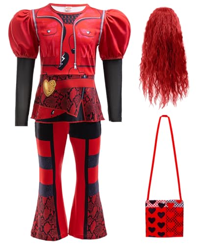 Hallojojo Mädchen Descendants Cosplay Kostüm mit Perücke Descendants Red Verkleidung Rise of Red Kostüm Rote Königin Uniform Weihnachten Halloween Karneval Party Fancy Kostüm für Kinder von Hallojojo