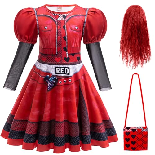 Hallojojo Mädchen Descendants Cosplay Kostüm mit Perücke Descendants Red Verkleidung Rise of Red Kostüm Rote Königin Uniform Weihnachten Halloween Karneval Party Fancy Kostüm für Kinder von Hallojojo