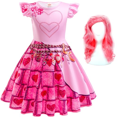 Hallojojo Mädchen Descendants Cosplay Kostüm mit Perücke Descendants Verkleidung Rise of Red Kostüm Rote Königin Rosa Kleid Weihnachten Halloween Karneval Party Fancy Kostüm für Kinder von Hallojojo